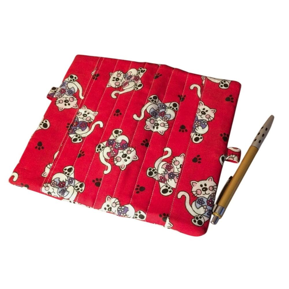 Fabric Checkbook Cover Red Cats Clutching Hearts Pattern Handmade Soft Quilted